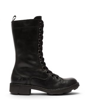 Fly London Women's Black Leather Strike-Up Combat Ankle Boots - NOLE176