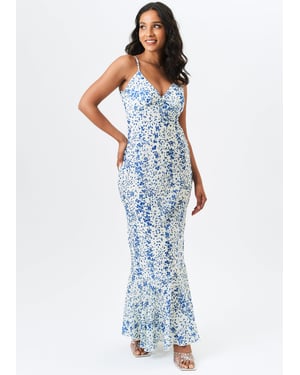 Ivoorwitte maxi-jurk met bandjes van chiffon met Dobby-patroon en bloemenprint