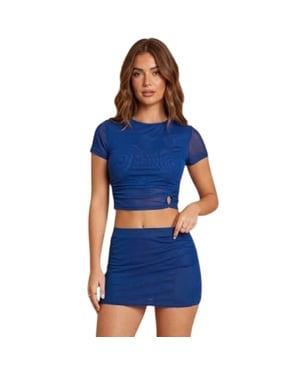 Missy Empire Minirok met mesh-inzetstukken voor dames (Blauw gevlekt)