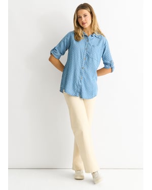 Overhemd met stippenprint in blauwe denim-look
