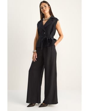 Hoge Taille Wijde Pijpen Co-ord Set met Sjaalkraag