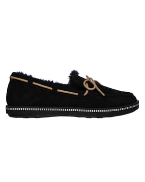 Skechers Comfortabele platte mocassin-pantoffels van imitatiesuède voor dames (Zwart)