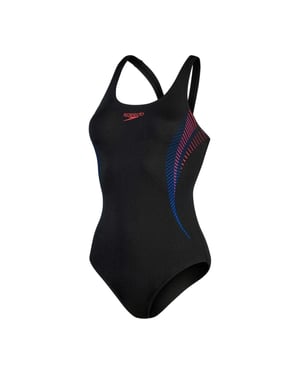 Speedo Dameszwempak met abstracte print en muscleback-ontwerp (Zwart, Rood)