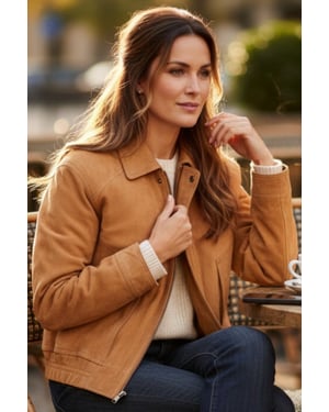 Dames beige leren Biker Blouson Bomber Oversized Jas - Moon