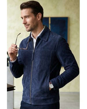 Heren Navy Geit Suède Leren Harrington Biker Jas - Rug