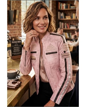Dames Biker Racing Badges Roze Leren Jas-Esdoorn
