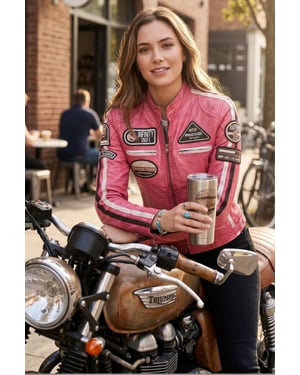Dames Biker Racing Badges Fuchsia, Leren Jasje-esdoorn,