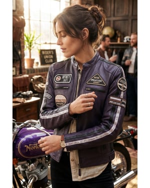 Dames Biker Racing Badges Paarse Leren Jas-Esdoorn