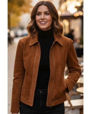Dames beige suède leren bomber Blouson Varsity Jas - Stella