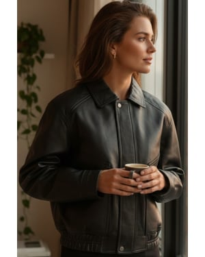 Dames zwarte leren Biker Blouson Bomber Oversized Jas - Moon