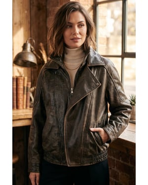 Dames bruine koeienleer Big Bomber Biker Blouson Oversized Jas - Bloom