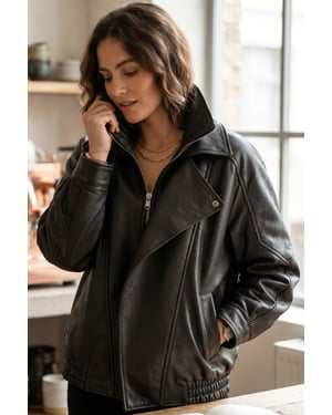 Dames zwarte lamsleer Big Bomber Biker Blouson Oversized Jas - Bloom