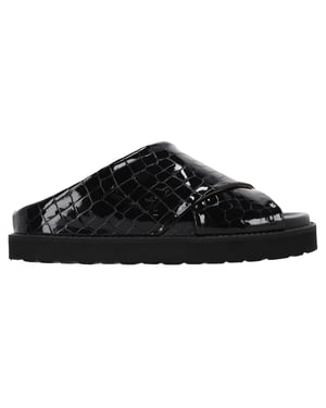 Ganni Croc-effect Slippers in Zwart Patent Kalfsleer