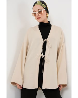 Linnenmix Lange Mouw Kimono met Binding Detail