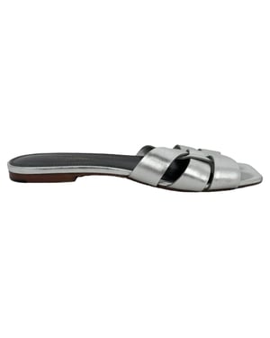 Saint Laurent Tribute Geweven Metallic Slides in Zilver Leder