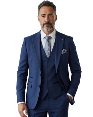 Marineblauw driedelig pak met ruitpatroon voor heren, getailleerd, formeel pak - MARK
