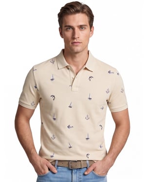 Poloshirt korte mouw beige geprint bootjes normale fit 2 knoopjes