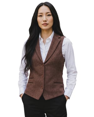 Dames roestbruine visgraatwol tweed geruite gepersonaliseerde vest - WS-1