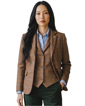 Dames eikenbruine 2-delige geruite formele tweed blazer en vestset - TPSTZ-7