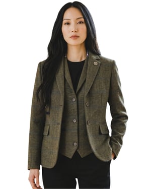 Dames olijfgroen 2-delig geruit formele tweed blazer en gilet - TPSTZ-7