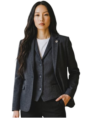 Dames zwarte visgraat wollen tweed blazer vest 2-delig set - WS-1