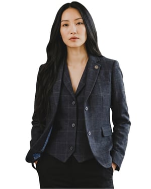 Dames marineblauw 2-delig geruit formele tweed blazer en gilet - TPSTZ-7