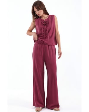Viscose-blend blouse met strikdetail en elastische taillebroek set