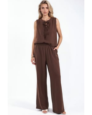 Viscose Blend Blouse met Strikdetail & Elastische Taille Broek Set