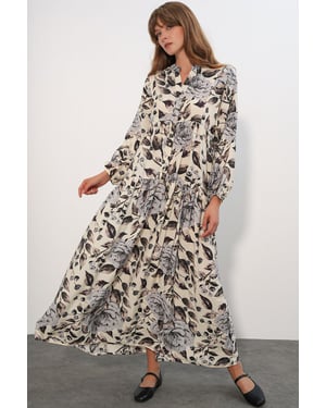 Bloemen Maxi Jurk Met Mandarin Kraag