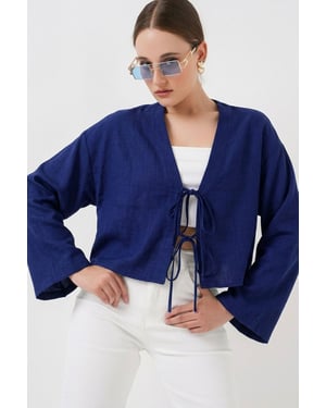 Viscose Blend V-Hals Lange Mouw Kimono met Binding Detail