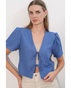 Gestructureerde V-hals Linnenmix Croptop