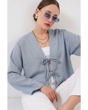 Viscose Blend V-Hals Lange Mouw Kimono met Binding Detail