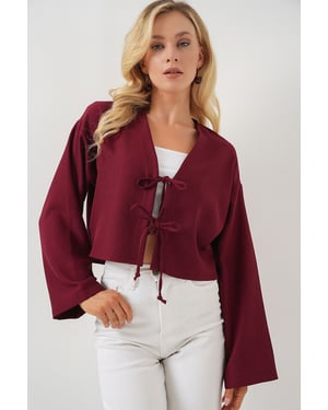 Viscose Blend V-Hals Lange Mouw Kimono met Binding Detail