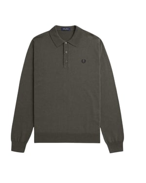 Fred Perry Effen Veldgroene Gebreide Polo Met Lange Mouwen