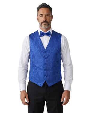 Herenset bestaande uit een blauw paisley bloemenpatroon, bestaande uit een driedelig vest, vlinderdas en zakdoek - Robert