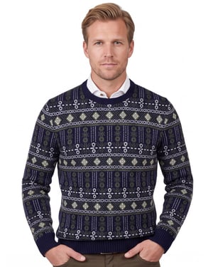 Barbour trui navy groen geprint Grangetown Fair Isle Crew wol