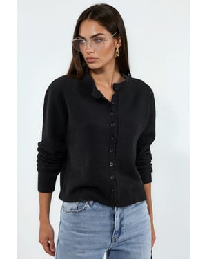 Geribbelde Crew Neck Knopen Cardigan