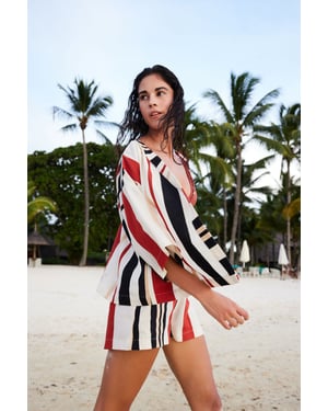 Oversized Katoenen Gestreepte Mini Kimono