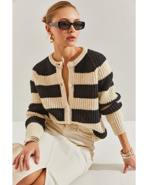 Gestreepte Gebreide Cardigan met Knopen Sluiting