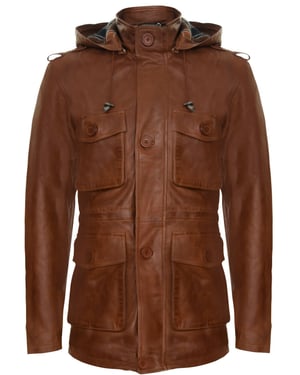 Leren trenchcoat met meerdere zakken en capuchon