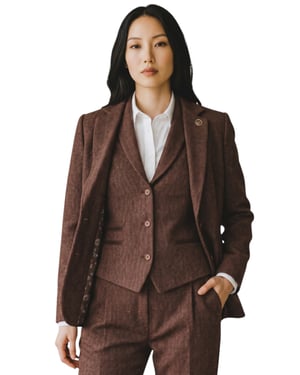 Dames roestbruine visgraatwol tweed blazer vest 2-delig set - WS-1
