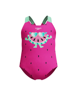 Speedo Eendelig zwempak voor meisjes met watermeloenmotief (Roze/Groen)
