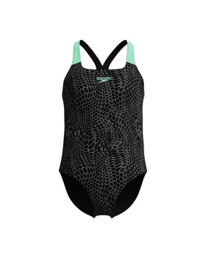 Speedo Meisjes Slangenprint Powerback Eenstuk Zwemoutfit (Zwart/Groen)