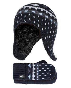 Heat Holders Jongens Nepbont Pom Pom Muts & Wanten - Zwart