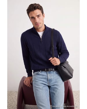 TRENDYOL MAN Heren Donkerblauw Gestreept Lang, Regular fit Truien