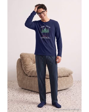 TRENDYOL MAN Heren Donkerblauw Kerst- Lang, Regular fit Pyjama- Sets