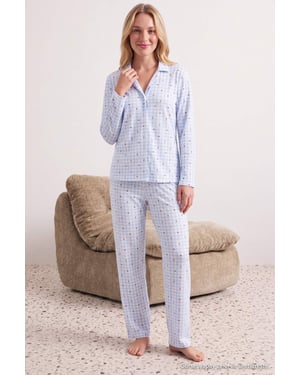 TRENDYOLMİLLA Dames 2-pack Blauw Met grafische print Lang, Regular fit Pyjama- Sets