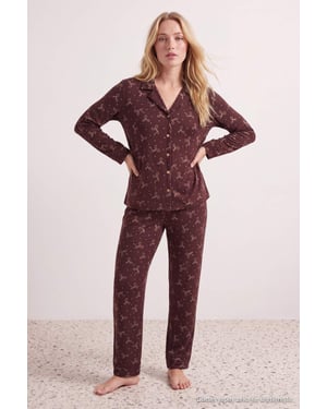 TRENDYOLMİLLA Dames 2-pack Bruin Met grafische print Lang, Regular fit Pyjama- Sets