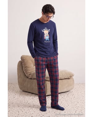 TRENDYOL MAN Heren Donkerblauw Geruit Lang, Regular fit Pyjama- Sets