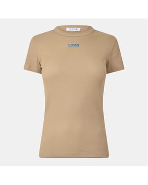 Lacoste Dames-T-shirt met geribde ronde hals en slank model (Beige)